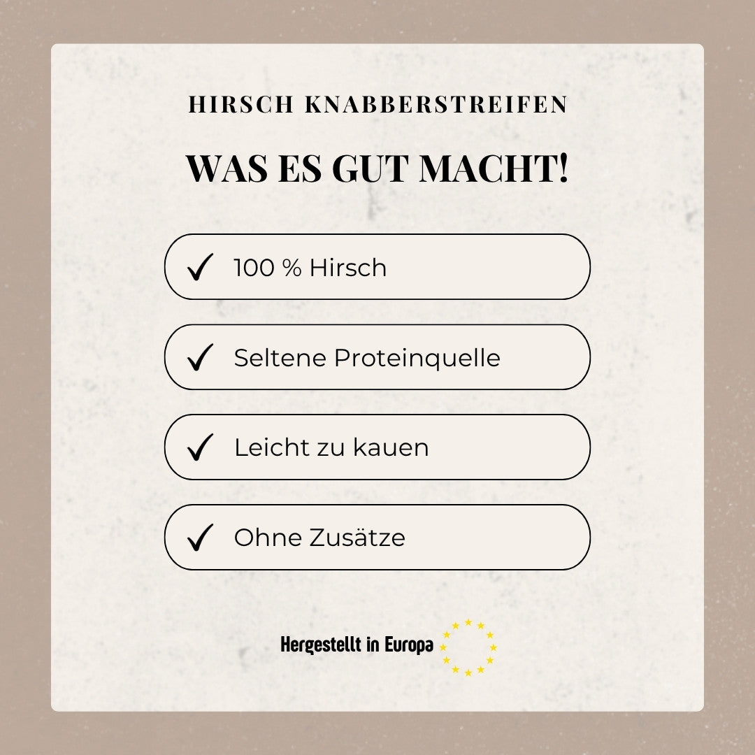 Hirsch Knabberstreifen – Was es gut macht: 100 % Hirsch, Seltene Proteinquelle, Leicht zu kauen, Ohne Zusätze, hergestellt in Europa