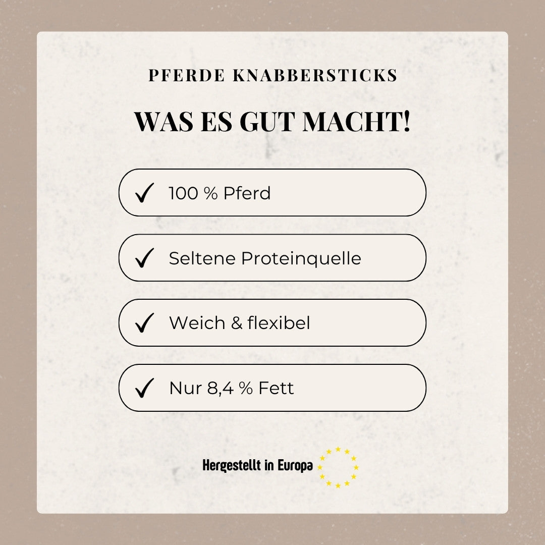 Pferde Knabbersticks – Was es gut macht: 100 % Pferd, Seltene Proteinquelle, Weich & flexibel, Nur 8,4 % Fett, hergestellt in Europa