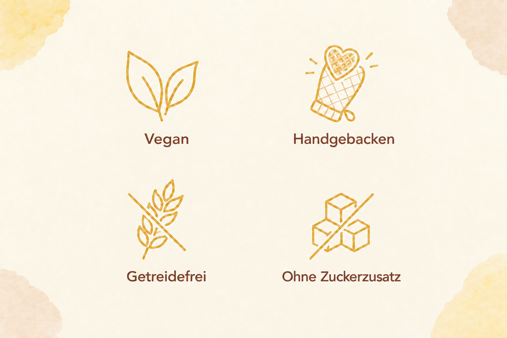 Icon-Grid mit Vegan, Handgebacken, Getreidefrei und Ohne Zuckerzusatz