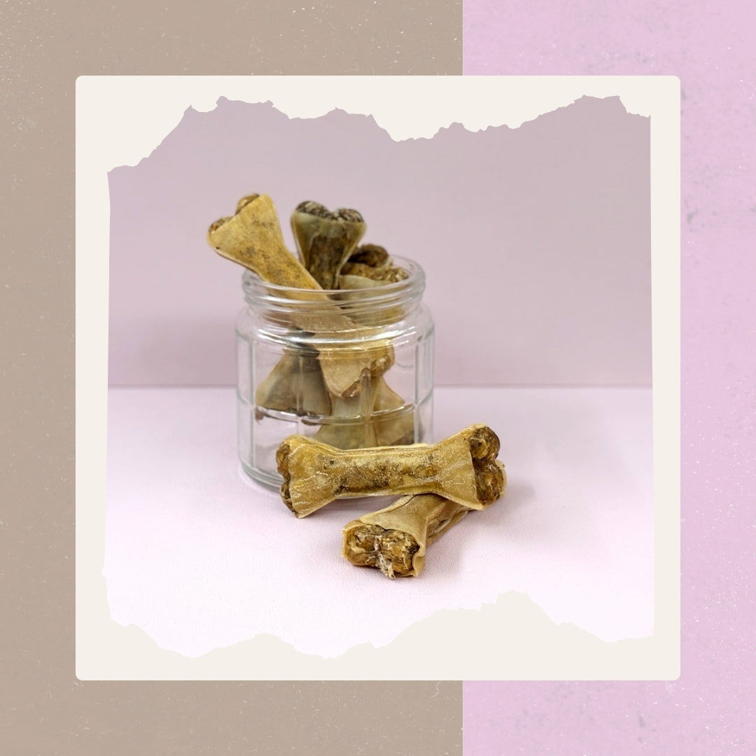 Rinderhaut Kauknochen gefüllt