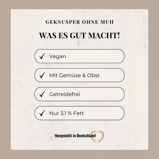 Geknusper ohne Muh – Was es gut macht: vegan, mit Gemüse & Obst, getreidefrei, nur 3,1 % Fett, hergestellt in Deutschland