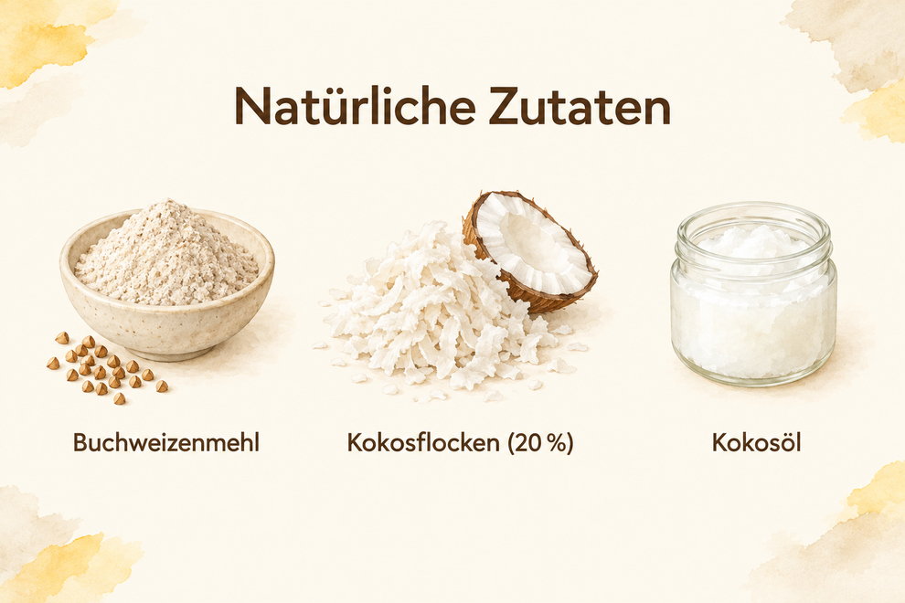 Zutatenübersicht mit Buchweizenmehl, Kokosflocken (20 %) und Kokosöl